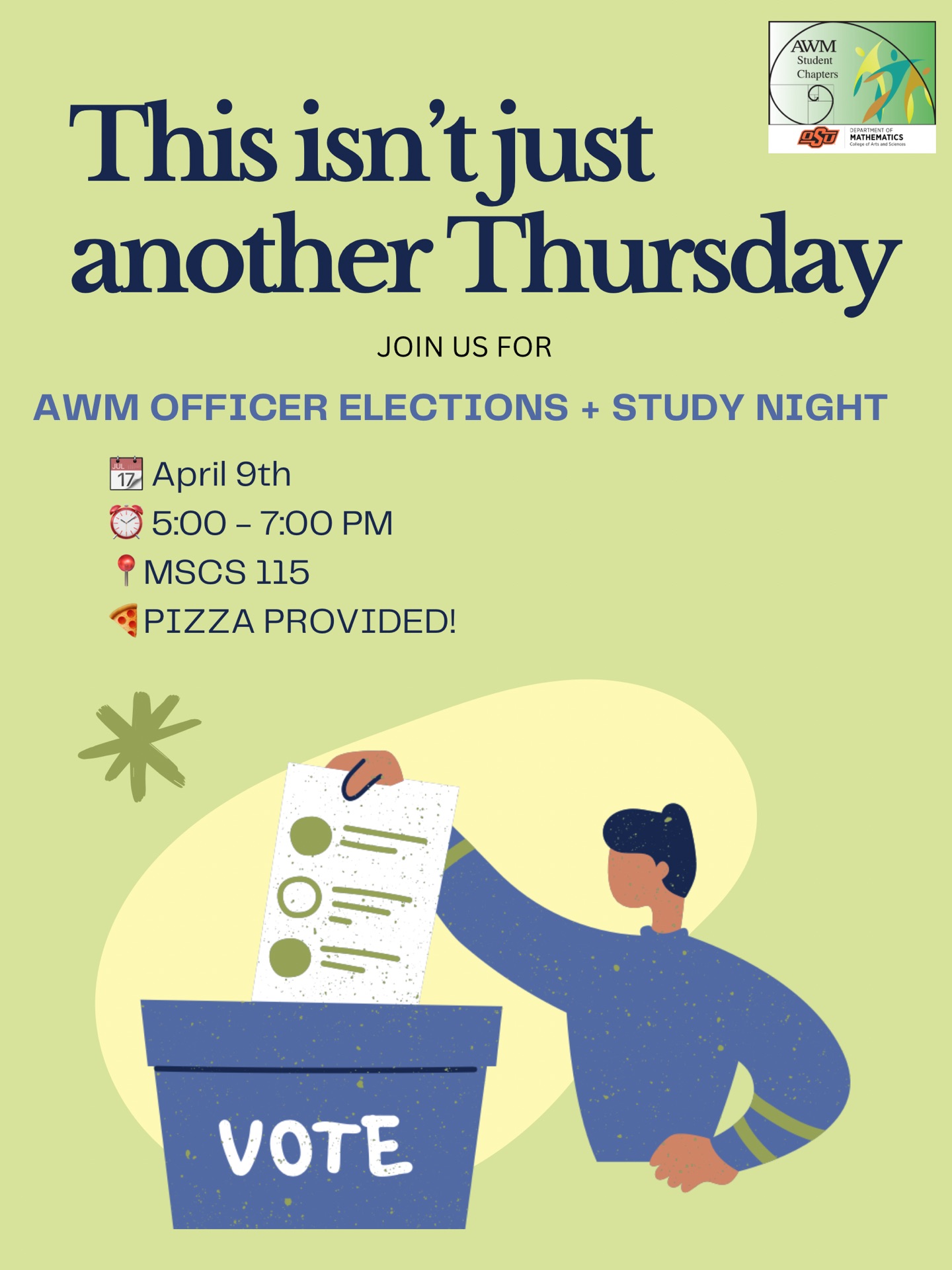 AWM Officer Elections + Study Night Flyer — April 9, 2026