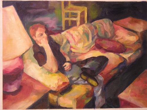 Man on Couch, J. M. Wright, 2005,
          acrylic on canvas board, 18 by 24 inches